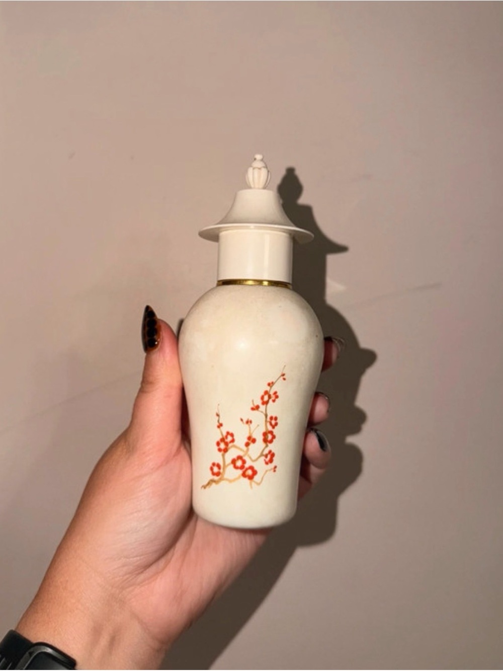 Elegant Cream Ceramic Scent Bottle with Red Floral Motif - Avon